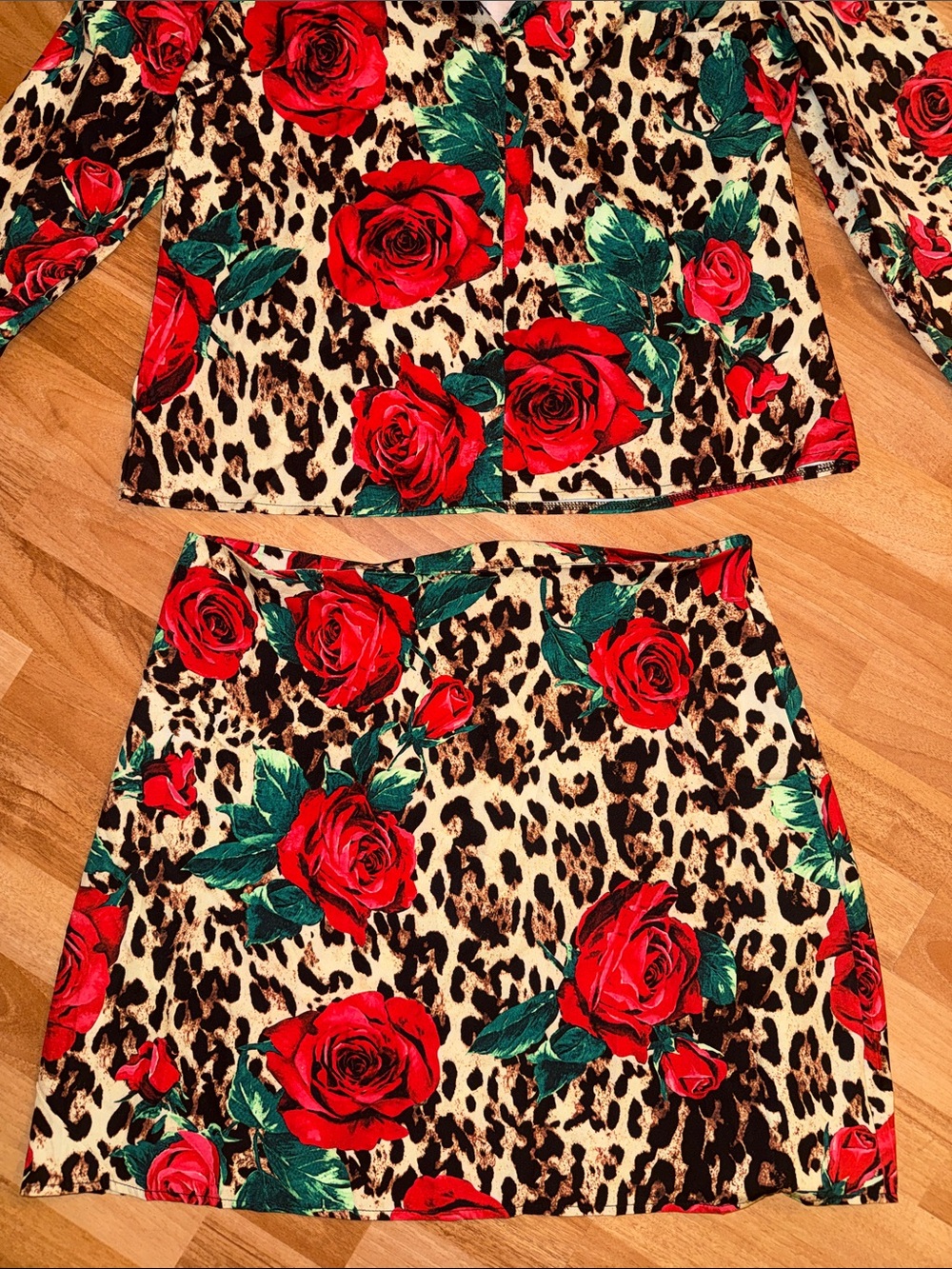 Floral Rose & Leopard Print 2pc Skirt &  Top Set